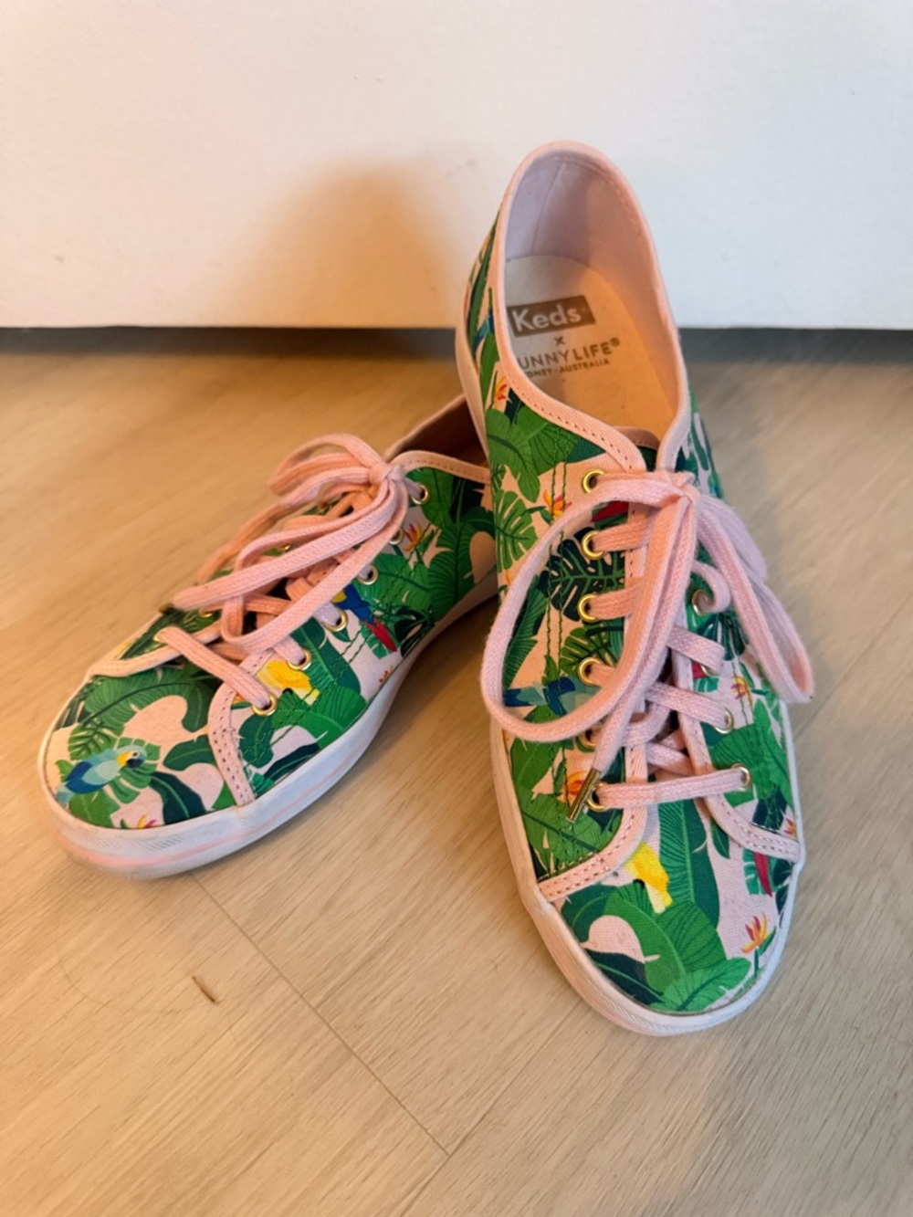 Keds Kids Green Tropical Canvas Sneakers with Pink Laces